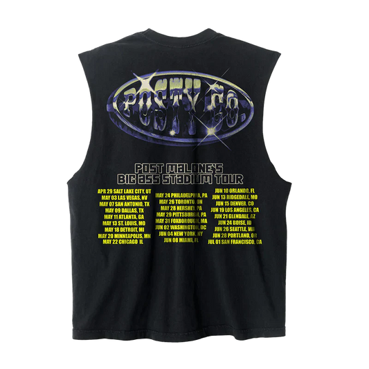 Post Malone Big Ass Stadium Tour cut out tank back view with 2026 tour dates graphic and Posty Co artwork print