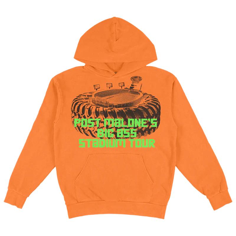 Post Malone Big Ass Stadium Tour Orange Hoodie front view featuring monster tire stadium graphic and bold tour artwork on bright orange hoodie