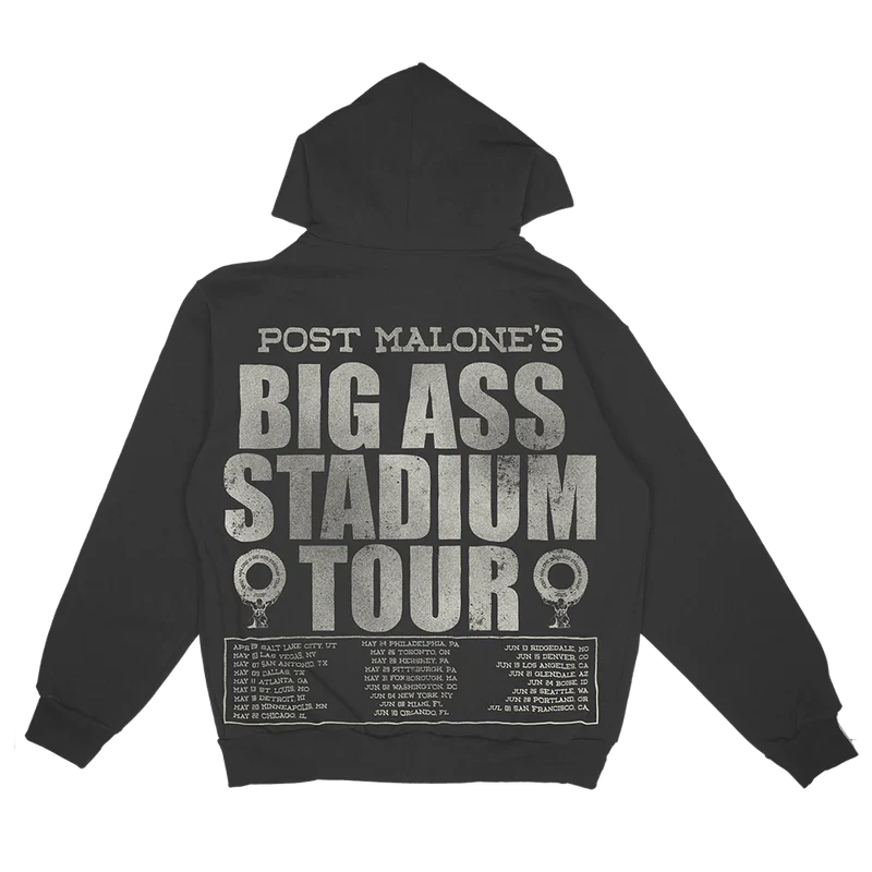 Post Malone Big Ass Stadium Tour zip hoodie back view with oversized tour graphic and stadium tour dates artwork