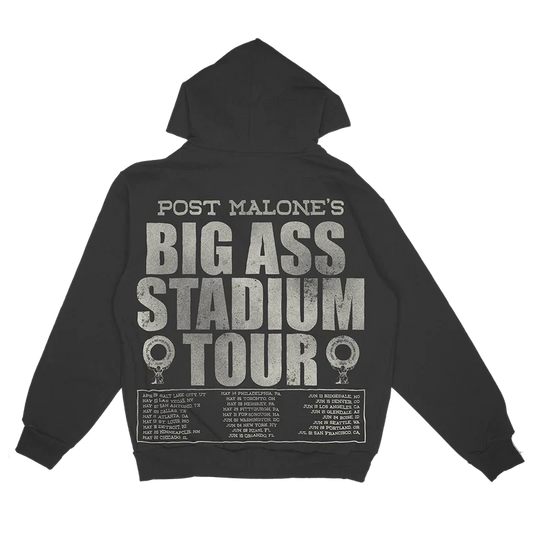 Post Malone Big Ass Stadium Tour zip hoodie back view with oversized tour graphic and stadium tour dates artwork