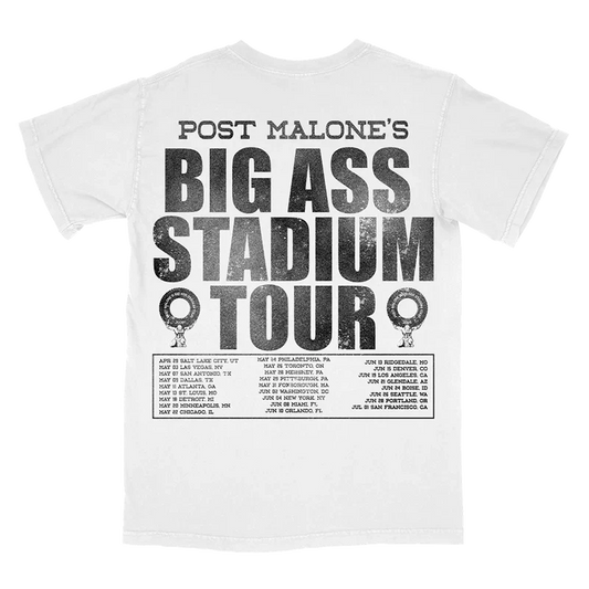 Post Malone Emoji Tour Tee back view featuring oversized Big Ass Stadium Tour typography, 2025 North American tour dates, and event schedule graphic printed on a white tour merchandise T-shirt from the Big Ass Stadium Tour collection