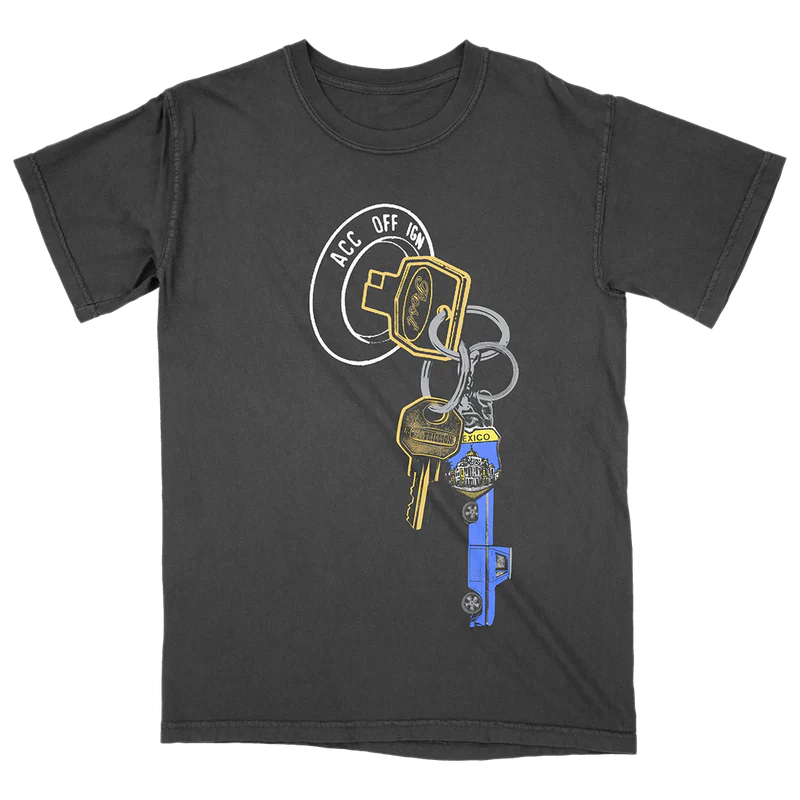 Post Malone F-1 Trillion Keys T-Shirt front view featuring ignition keychain graphic with truck key, motel tag and road trip inspired artwork from the F-1 Trillion collection on charcoal tee