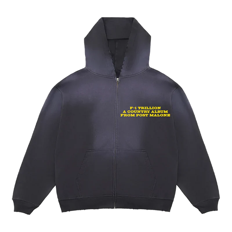 Post Malone F-1 Trillion Zip Up Hoodie front view featuring A Country Album From Post Malone graphic from the F-1 Trillion collection on black full zip hoodie