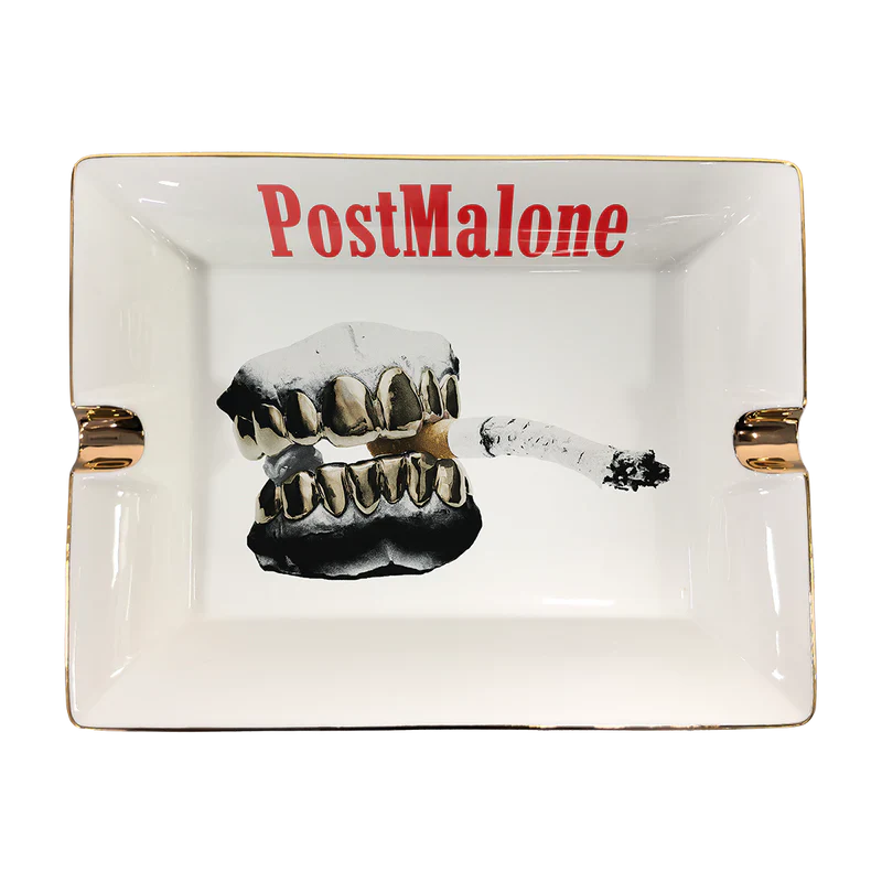 Post Malone Go Flex Ashtray front view featuring iconic grillz and cigarette artwork from the Stoney era with premium ceramic finish and collectible display design