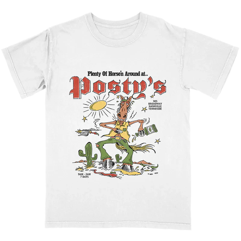 Horse'n Around Posty's T Shirt front view in white featuring vintage western horse cartoon graphic with desert cactus artwork and Nashville Posty's themed design