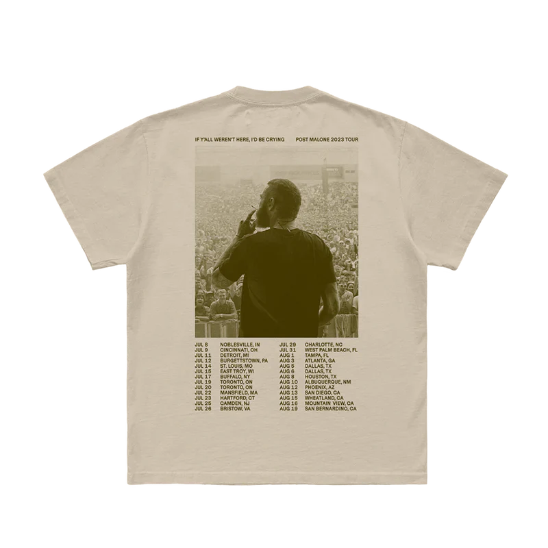 Post Malone PM Photo T-Shirt 2 back view featuring live concert crowd photography, If Y’all Weren’t Here I’d Be Crying Tour artwork, and 2023 North American tour dates printed on a vintage cream Austin era T-shirt