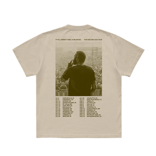 Post Malone PM Photo T-Shirt 2 back view featuring live concert crowd photography, If Y’all Weren’t Here I’d Be Crying Tour artwork, and 2023 North American tour dates printed on a vintage cream Austin era T-shirt
