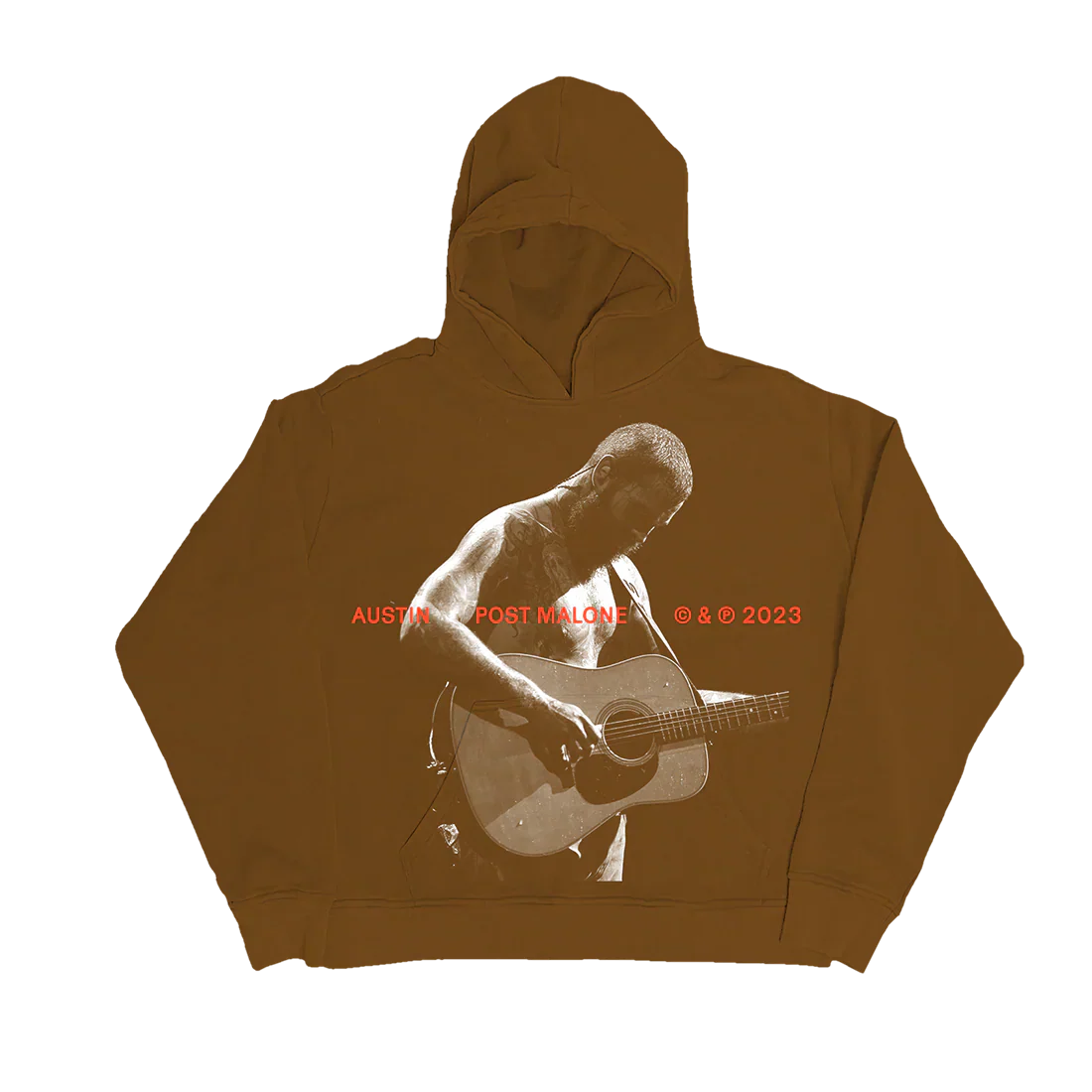 Post Malone Austin Guitar Hoodie front view featuring acoustic guitar performance photo artwork with Austin album inspired graphic on brown pullover hoodie