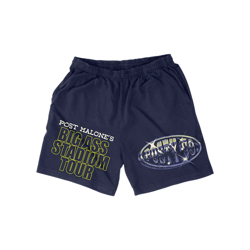 Post Malone Big Ass Stadium Tour shorts front view in navy featuring oversized tour logo graphics and Posty Co. artwork print details