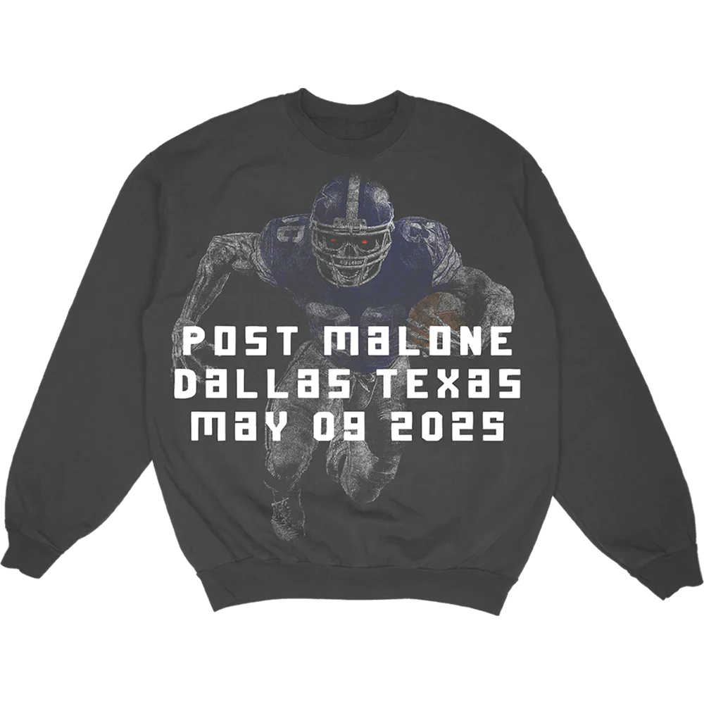 Post Malone Dallas Cowboys Crewneck front view featuring vintage football player graphic with Dallas Texas May 09 2025 event artwork on washed black sweatshirt