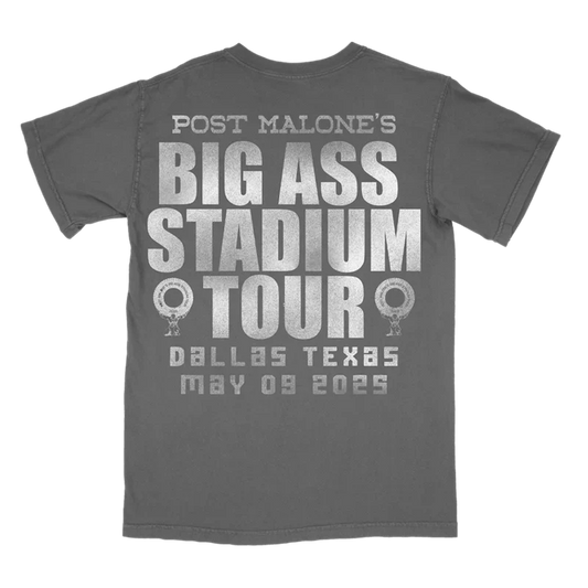 Post Malone Dallas Cowboys Doomsday Defense T Shirt back view featuring Big Ass Stadium Tour Dallas Texas May 09 2025 event graphic with oversized tour typography