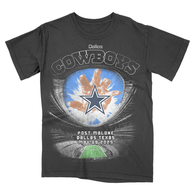 Post Malone Dallas Cowboys Stadium T Shirt front view featuring Cowboys star logo graphic stadium artwork and Dallas Texas May 09 2025 event design on vintage black tee