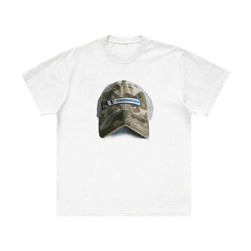Post Malone Emblem Hat Painting Tee front view featuring realistic camo trucker hat artwork inspired by F-1 Trillion era styling