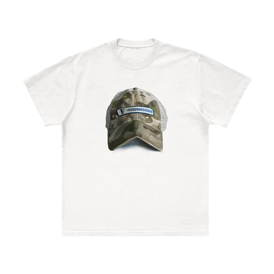 Post Malone Emblem Hat Painting Tee front view featuring realistic camo trucker hat artwork inspired by F-1 Trillion era styling