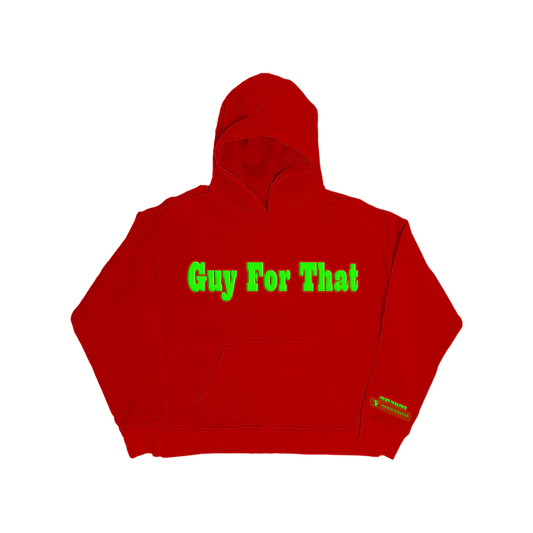 Post Malone Guy For That Hoodie front view featuring bold Guy For That graphic inspired by the F-1 Trillion era on red pullover hoodie