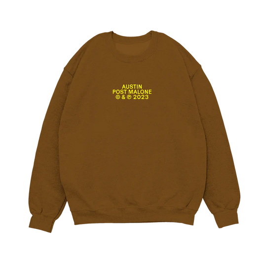 Post Malone Hold My Breath Crewneck back view featuring live performance photo and Hold My Breath graphic artwork on brown crewneck sweatshirt