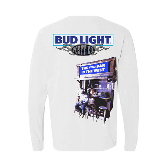 Post Malone Posty Co x Bud Light long sleeve back view in white featuring western bar graphic artwork and collaboration branding print
