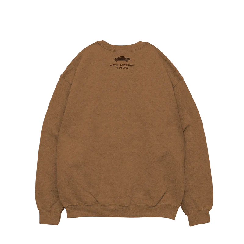 Post Malone Tan Keys Crewneck back view featuring Austin album logo detail near collar on brown crewneck sweatshirt with clean minimalist rear design