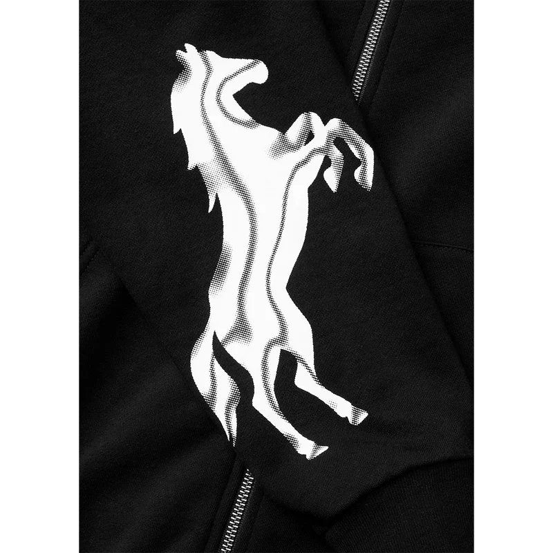 Close-up detail of white rearing horse graphic printed on the sleeve of the Post Malone x H-D Horsepower Full Zip Hoodie