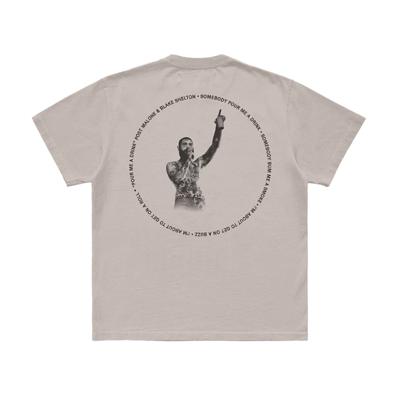 Post Malone Pour Me A Drink T-Shirt back view with performance portrait graphic and circular song title artwork from F-1 Trillion collection