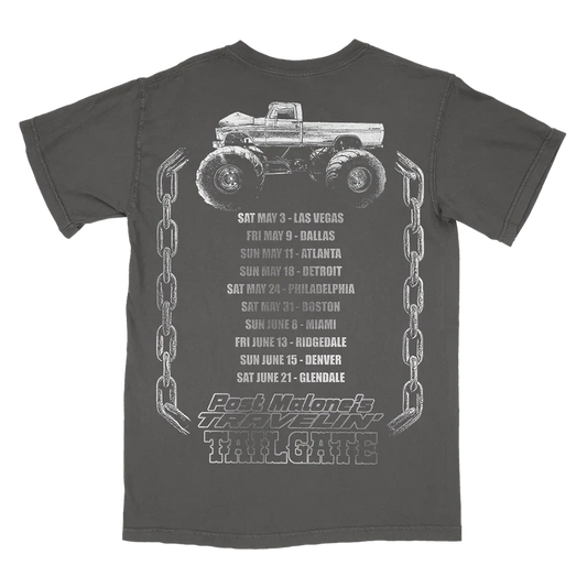 Post Malone Tailgate Tee back view featuring monster truck illustration, Travelin’ Tailgate branding, and Big Ass Stadium Tour city dates framed by chain graphics on a vintage washed charcoal concert T-shirt