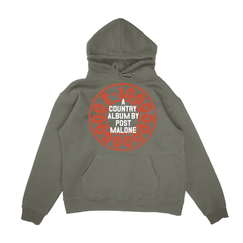Post Malone A Country Album Hoodie back view featuring F-1 Trillion inspired country album graphic with bold circular text design on olive hoodie