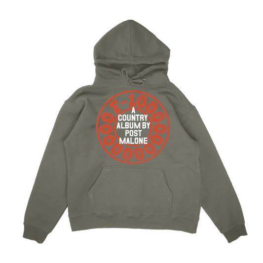 Post Malone A Country Album Hoodie back view featuring F-1 Trillion inspired country album graphic with bold circular text design on olive hoodie
