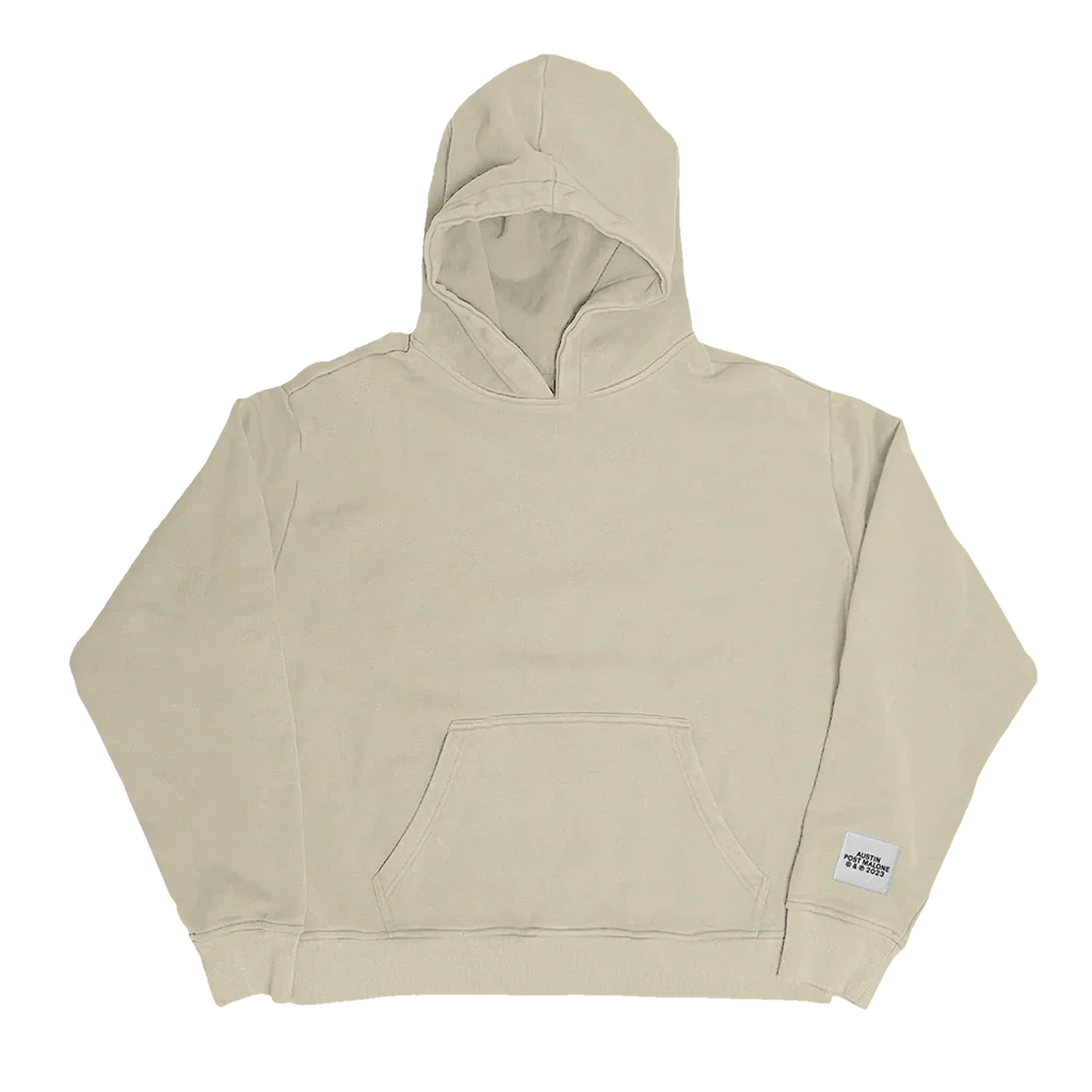Post Malone Austin Beige Hoodie front view featuring minimalist premium design with Austin 2023 collection label detail on neutral beige hoodie