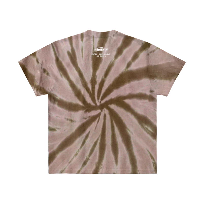 Post Malone Austin brown tie dye t shirt back view featuring Austin album branding and full spiral tie dye design on brown tee