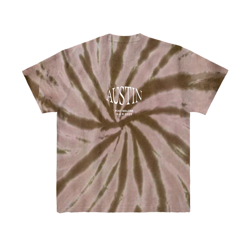 Post Malone Austin brown tie dye t shirt front view featuring Austin album logo graphic on spiral tie dye pattern