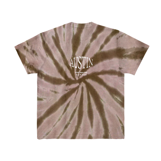 Post Malone Austin brown tie dye t shirt front view featuring Austin album logo graphic on spiral tie dye pattern