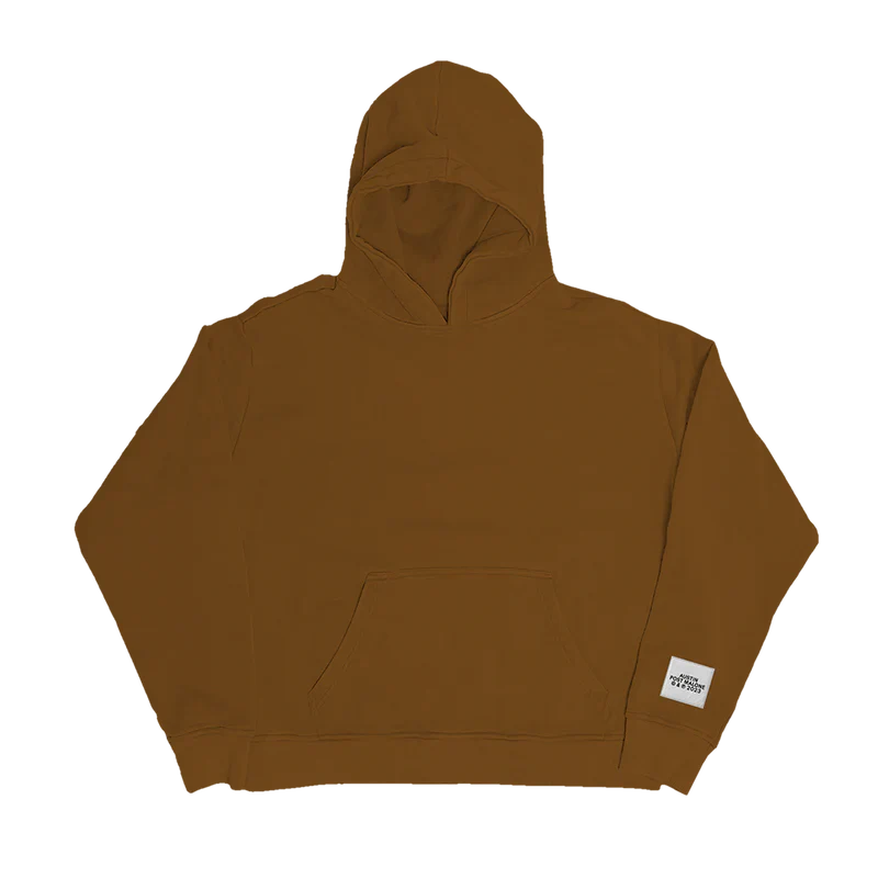 Post Malone Austin Clay Hoodie front view featuring minimalist premium design with Austin 2023 collection label detail on clay brown hoodie