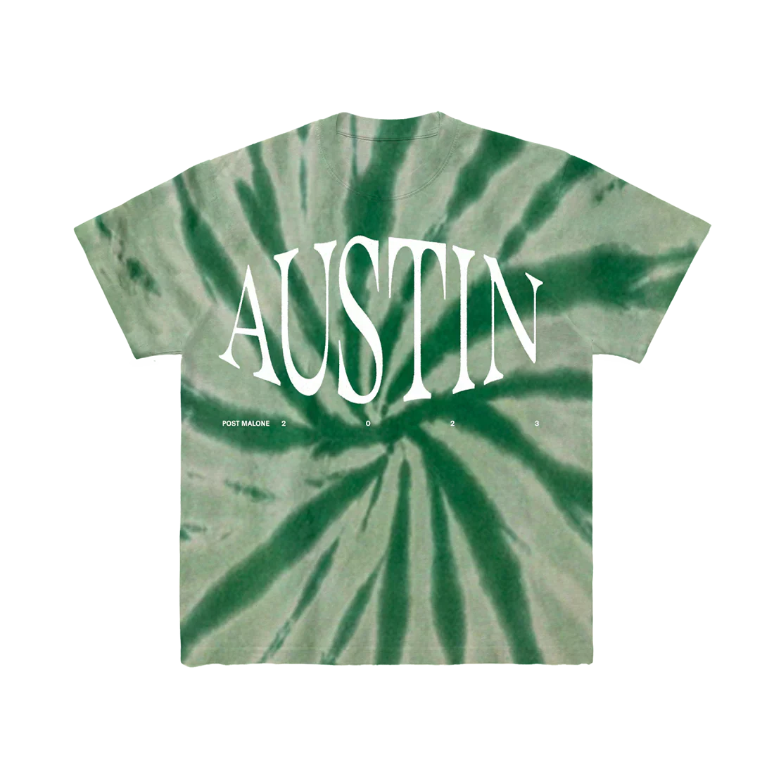 Post Malone Austin Green Tie Dye T-Shirt front view featuring Austin album logo graphic on green spiral tie dye tee from the 2023 collection