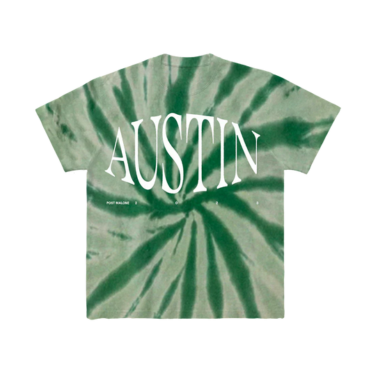 Post Malone Austin Green Tie Dye T-Shirt front view featuring Austin album logo graphic on green spiral tie dye tee from the 2023 collection