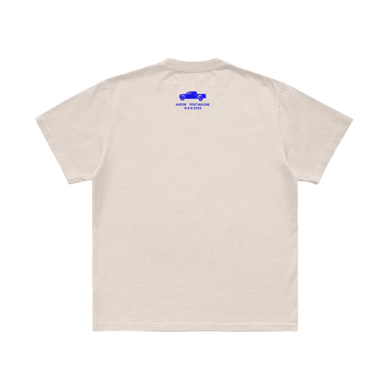Post Malone Austin T-Shirt back view with Austin 2023 collection graphic and subtle blue vehicle artwork on ivory tee