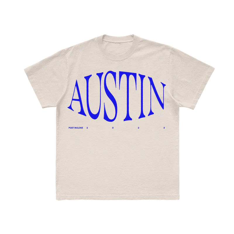 Post Malone Austin T-Shirt front view featuring oversized Austin album logo graphic in blue from the Austin 2023 collection