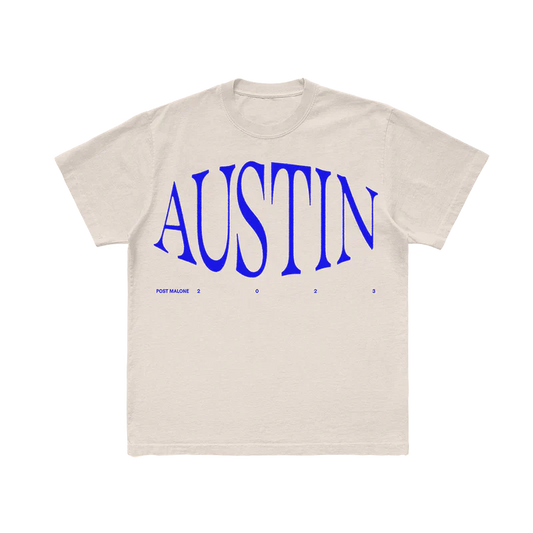 Post Malone Austin T-Shirt front view featuring oversized Austin album logo graphic in blue from the Austin 2023 collection