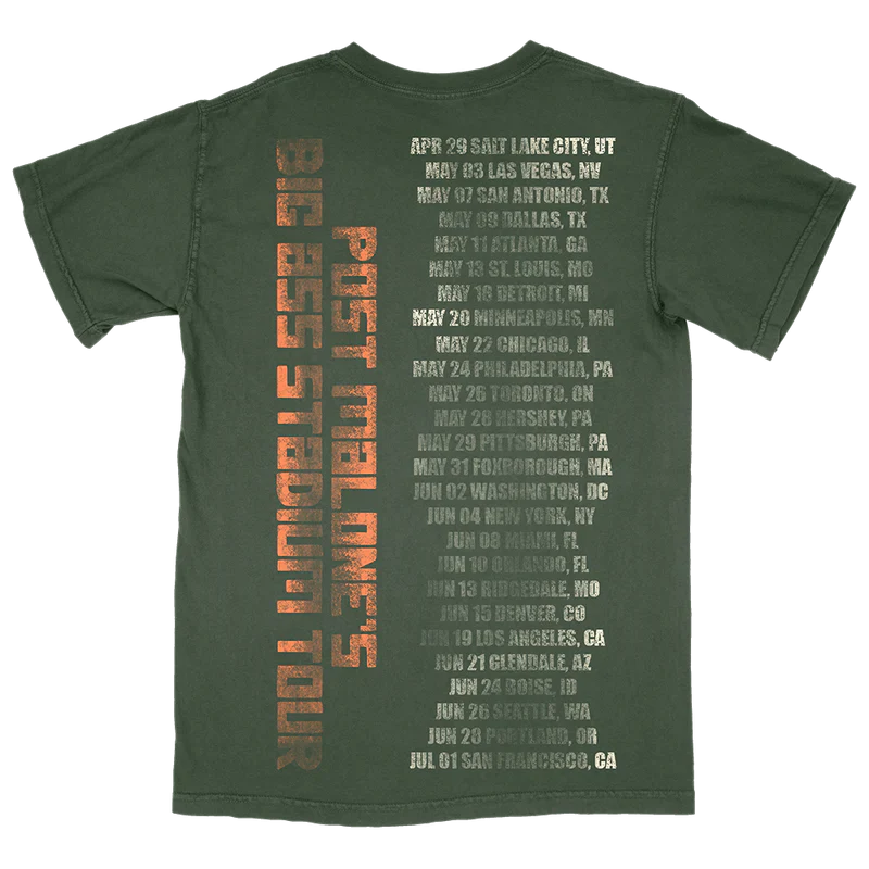 Post Malone x Bass Pro Shops Event T-Shirt back view featuring Big Ass Stadium Tour vertical typography and complete 2025 North American tour dates printed on a vintage green T-shirt from the Big Ass Stadium Tour collection