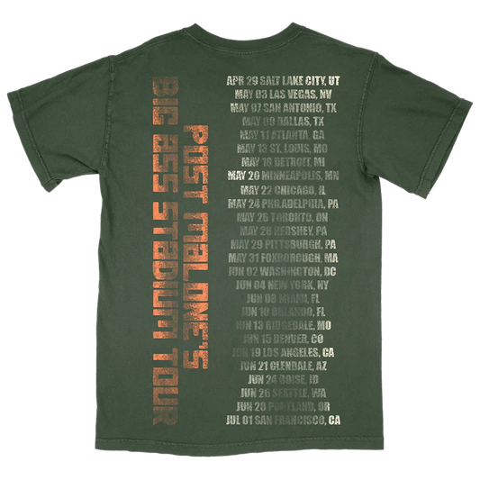 Post Malone x Bass Pro Shops Event T-Shirt back view featuring Big Ass Stadium Tour vertical typography and complete 2025 North American tour dates printed on a vintage green T-shirt from the Big Ass Stadium Tour collection