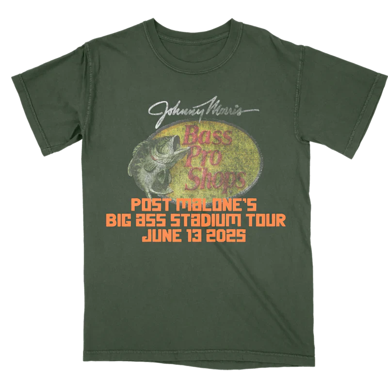 Post Malone x Bass Pro Shops Event T-Shirt front view featuring Johnny Morris Bass Pro Shops artwork, largemouth bass graphic, and Post Malone’s Big Ass Stadium Tour June 13 2025 event branding printed on a vintage green concert tee