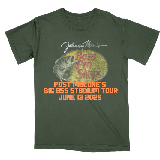 Post Malone x Bass Pro Shops Event T-Shirt front view featuring Johnny Morris Bass Pro Shops artwork, largemouth bass graphic, and Post Malone’s Big Ass Stadium Tour June 13 2025 event branding printed on a vintage green concert tee