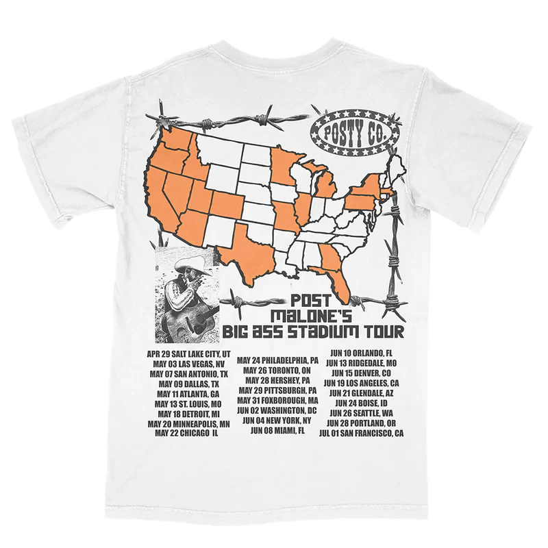 Post Malone Big Ass Stadium Tour All Over Print T-Shirt back view featuring U.S. tour dates, map graphic and Posty Co artwork from the stadium tour collection