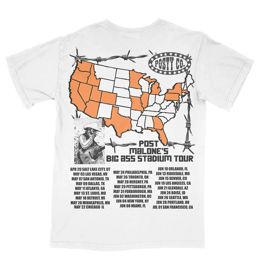Post Malone Big Ass Stadium Tour All Over Print T-Shirt back view featuring U.S. tour dates, map graphic and Posty Co artwork from the stadium tour collection