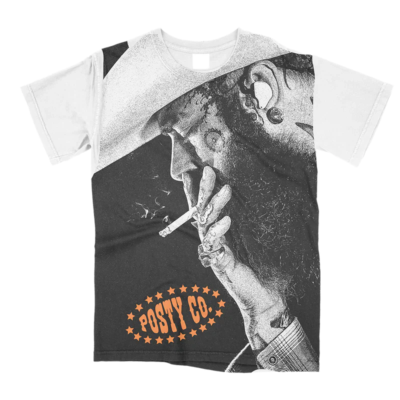 Post Malone Big Ass Stadium Tour All Over Print T-Shirt front view featuring oversized portrait graphic and Posty Co logo artwork on white tee