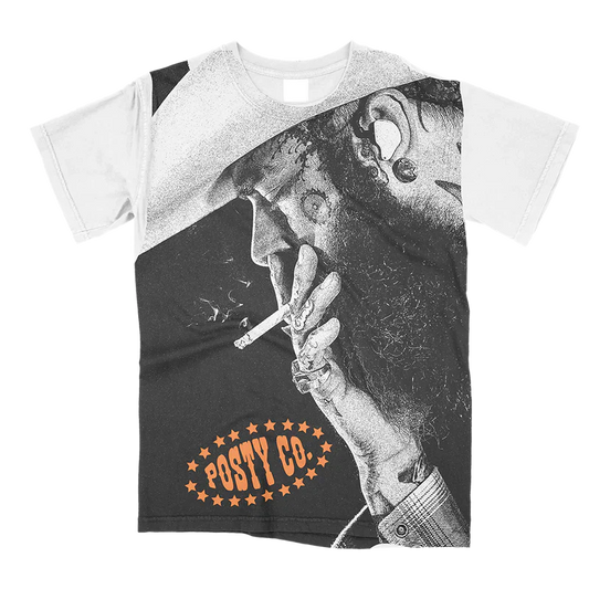 Post Malone Big Ass Stadium Tour All Over Print T-Shirt front view featuring oversized portrait graphic and Posty Co logo artwork on white tee