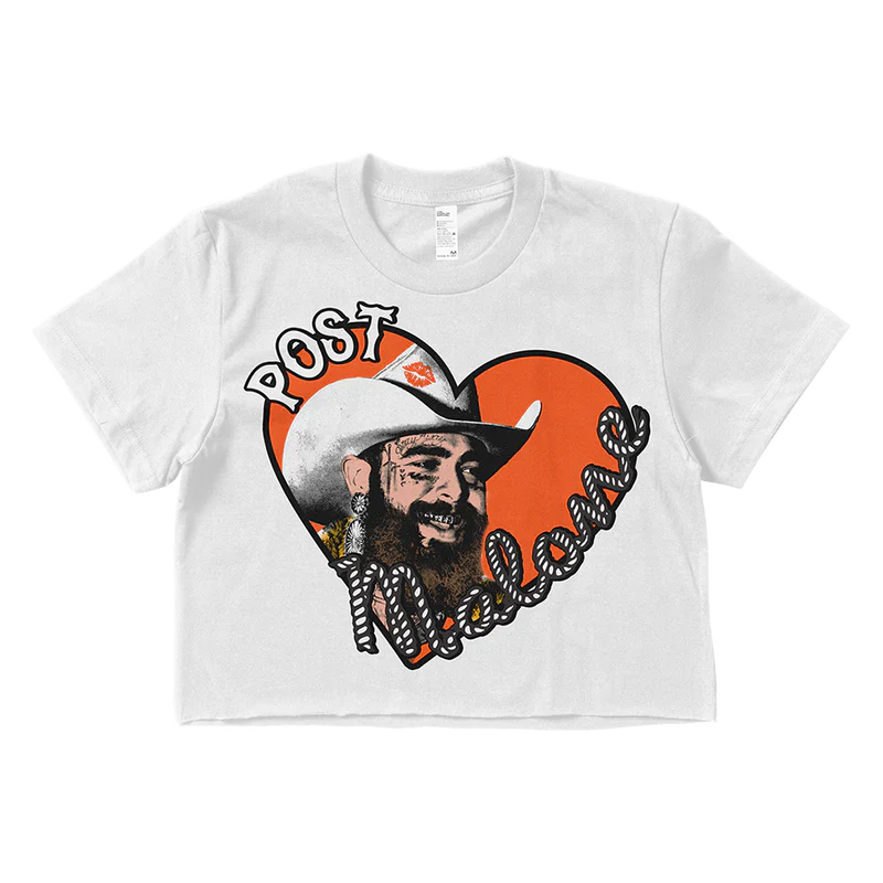 Post Malone Big Ass Stadium Tour crop top front view featuring heart graphic, cowboy hat portrait and western-style lettering on white tee