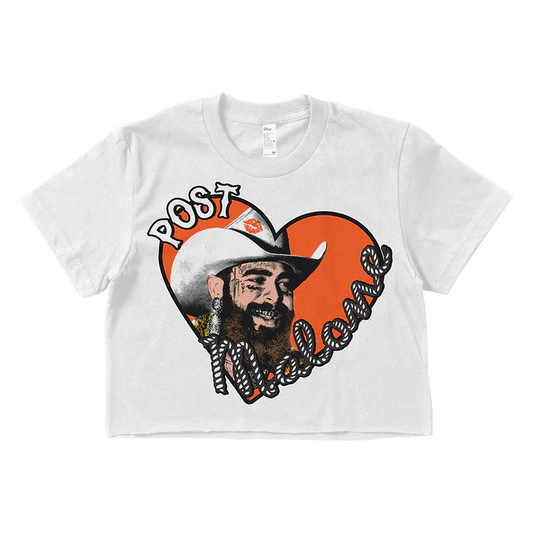 Post Malone Big Ass Stadium Tour crop top front view featuring heart graphic, cowboy hat portrait and western-style lettering on white tee