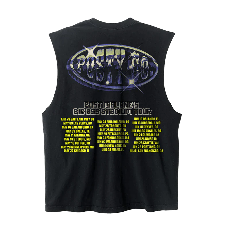 Post Malone Big Ass Stadium Tour cut out tank back view with 2026 tour dates graphic and Posty Co artwork print