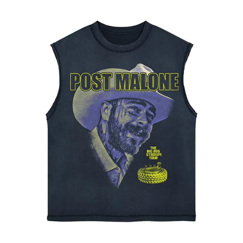 Post Malone Big Ass Stadium Tour cut out tank front view featuring portrait graphic and western-inspired tour artwork