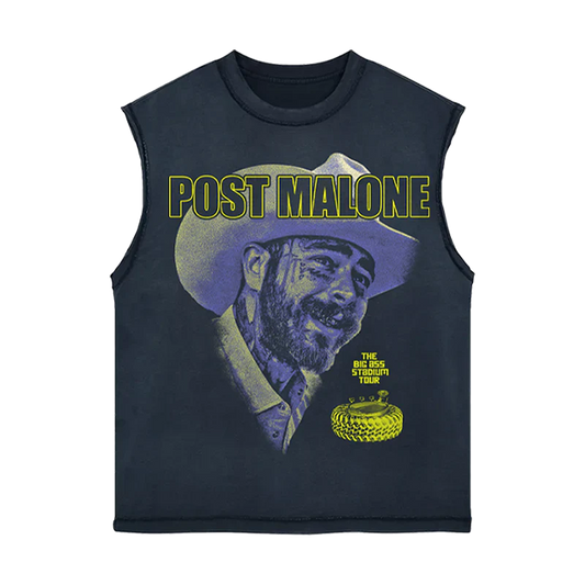 Post Malone Big Ass Stadium Tour cut out tank front view featuring portrait graphic and western-inspired tour artwork